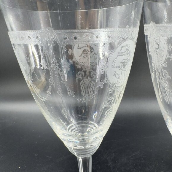 Heisey Pied Piper Etched Crystal Water Goblet Delicate Stemware Glasses Set 2 - Picture 5 of 10
